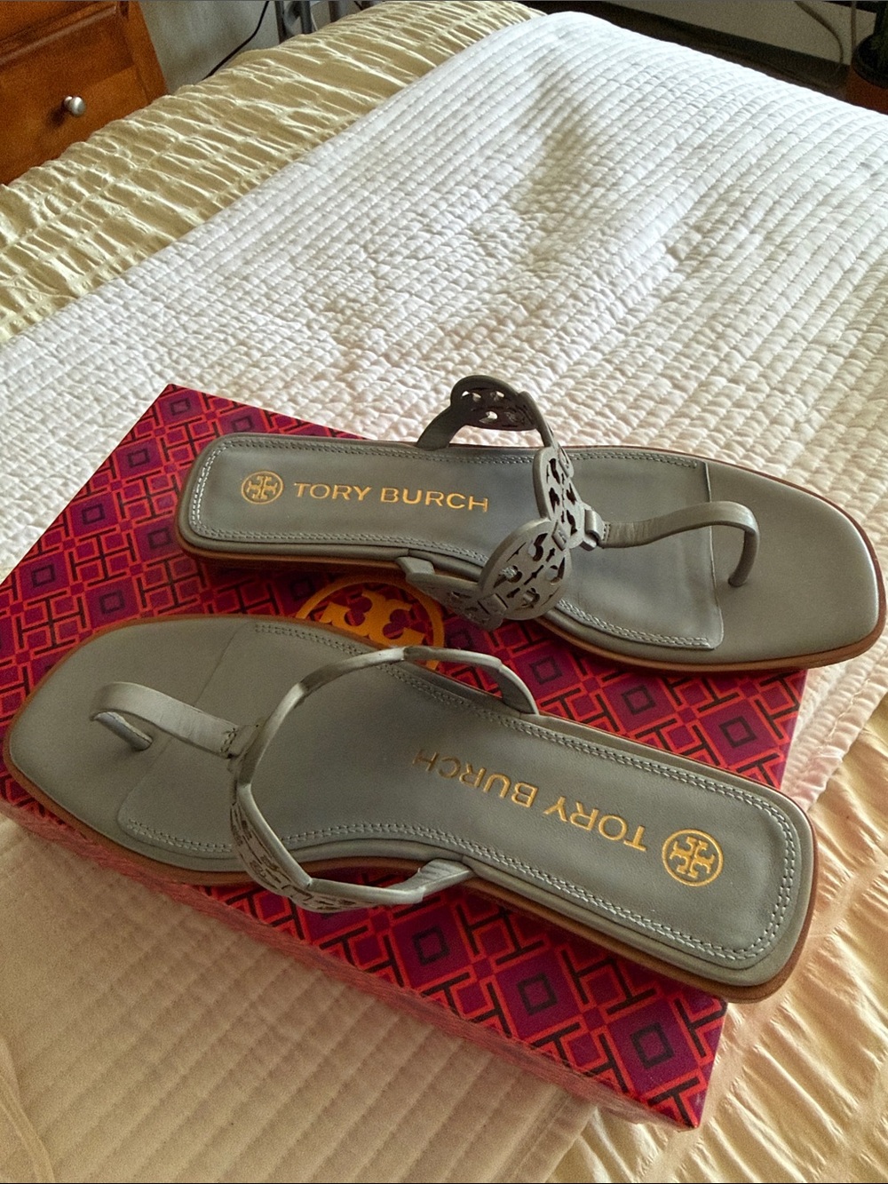 Tory Burch Light Gray Miller Leather Thong Sandals